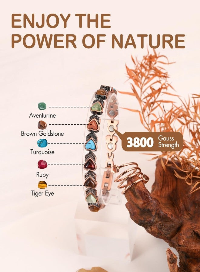 Feraco Pure Copper Bracelets & Rings for Women, Ultra Strength Magnetic Copper Bracelet with 3800 Gauss Magnets, Natural Turquoise & Stones, Adjustable Jewelry Gift (Heart Bloom) - Image 2